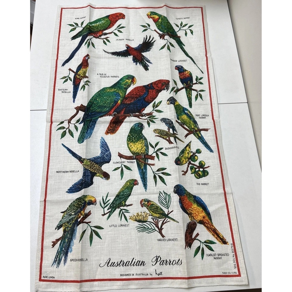 Vtg Heil Pure Linen Tea Towel Australian Parrots Birds Wall Hanging NEW